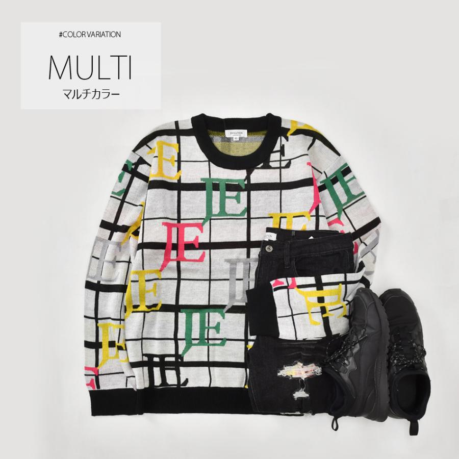 ニット メンズ セーター 長袖 春秋冬 ロゴ 総柄 チクチクしない ハイゲージ クルーネック ゴルフウエア モード ビター オラオラ 白 黒 ホワイト ブラック M L XL | EVOLUTION | 06