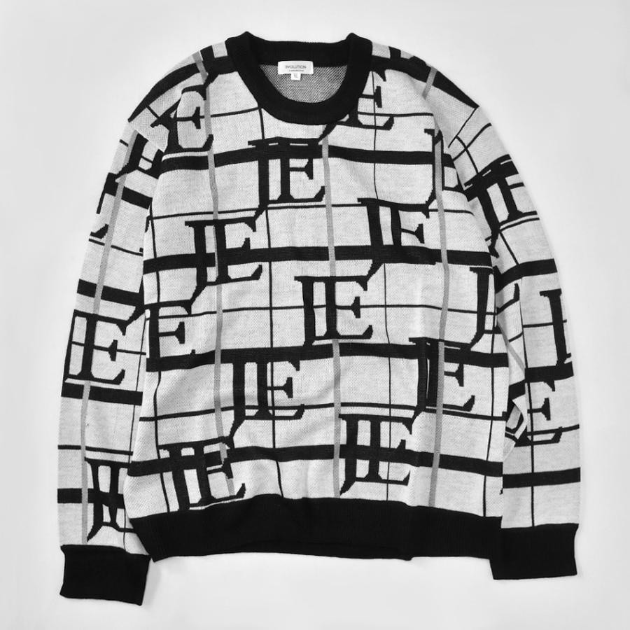 ニット メンズ セーター 長袖 春秋冬 ロゴ 総柄 チクチクしない ハイゲージ クルーネック ゴルフウエア モード ビター オラオラ 白 黒 ホワイト ブラック M L XL | EVOLUTION | 08