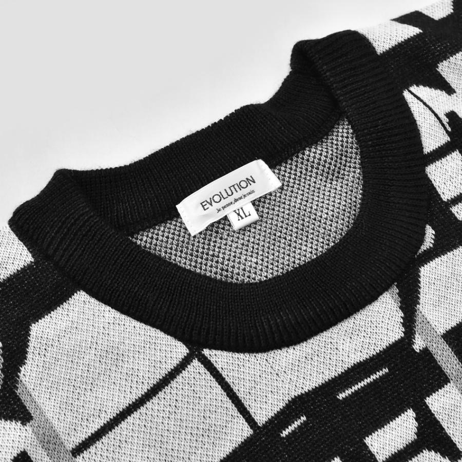 ニット メンズ セーター 長袖 春秋冬 ロゴ 総柄 チクチクしない ハイゲージ クルーネック ゴルフウエア モード ビター オラオラ 白 黒 ホワイト ブラック M L XL | EVOLUTION | 10