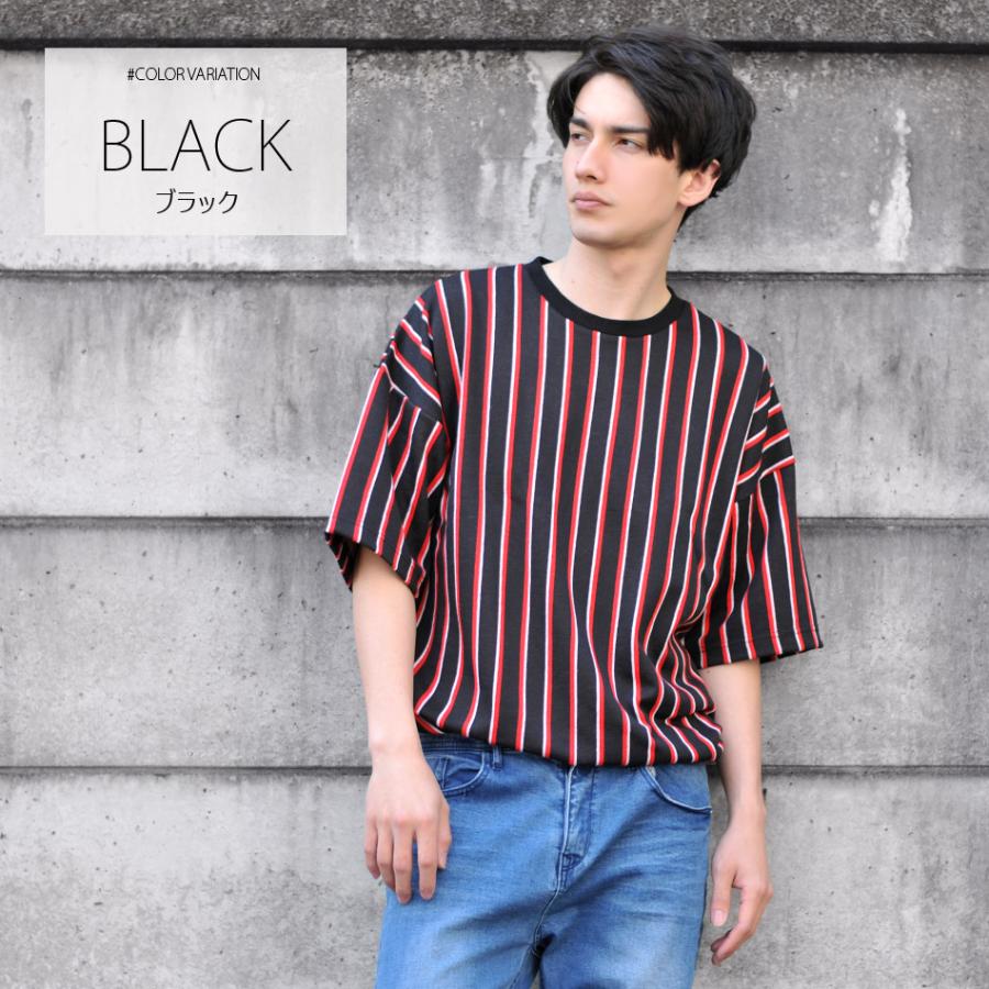 tシャツ メンズ 半袖 黒 赤 ビッグシルエット M L クルーネック ブラック レッド ストライプ カットソー EVOLUTION 91197 | EVOLUTION | 06