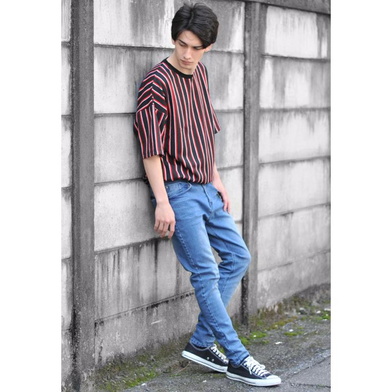 tシャツ メンズ 半袖 黒 赤 ビッグシルエット M L クルーネック ブラック レッド ストライプ カットソー EVOLUTION 91197 | EVOLUTION | 07