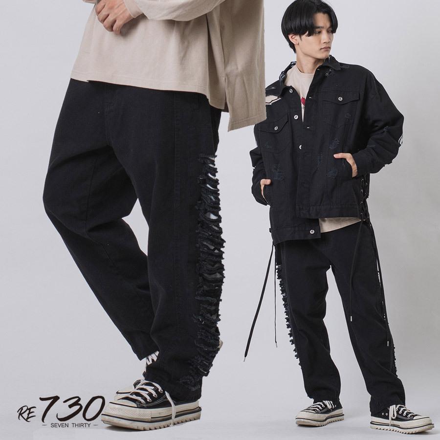 サイドダメージワイドデニム メンズ ワイドパンツ ビッグシルエット オーバーサイズ ストリート系 韓国ファッション 韓国系 RE730 セブンサーティー | RE730