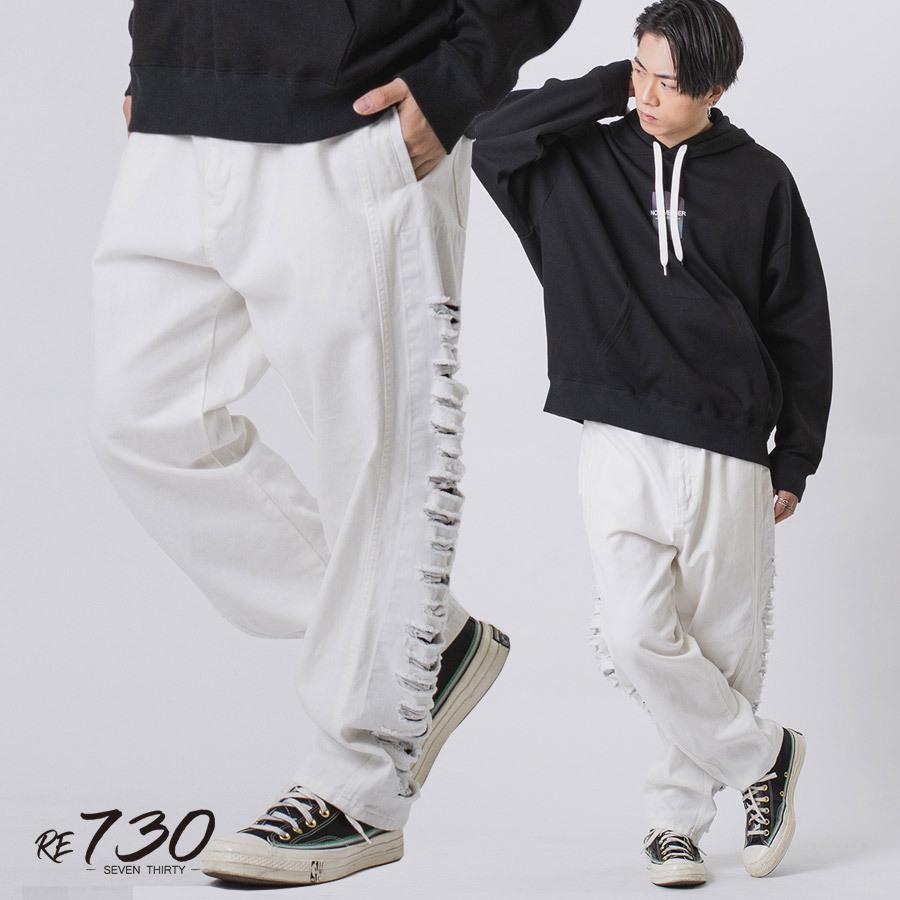 サイドダメージワイドデニム メンズ ワイドパンツ ビッグシルエット オーバーサイズ ストリート系 韓国ファッション 韓国系 RE730 セブンサーティー | RE730 | 04