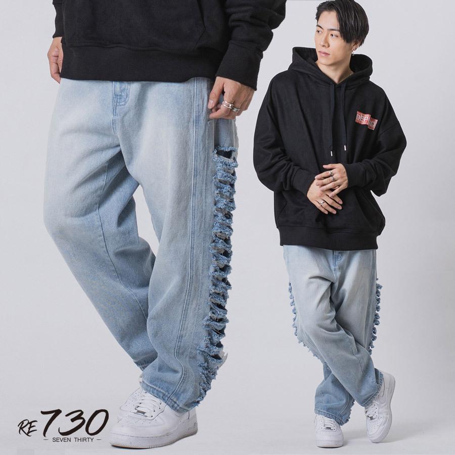 サイドダメージワイドデニム メンズ ワイドパンツ ビッグシルエット オーバーサイズ ストリート系 韓国ファッション 韓国系 RE730 セブンサーティー | RE730 | 05