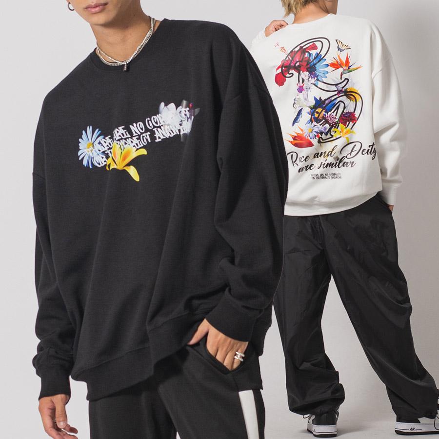 フラワーコラージュワイドトレーナー メンズ ビッグシルエット オーバーサイズ ストリート系 韓国ファッション 韓国系 RE730 セブンサーティー | RE730