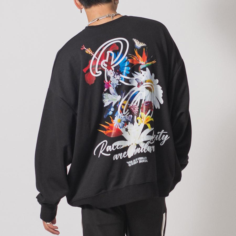 フラワーコラージュワイドトレーナー メンズ ビッグシルエット オーバーサイズ ストリート系 韓国ファッション 韓国系 RE730 セブンサーティー | RE730 | 04