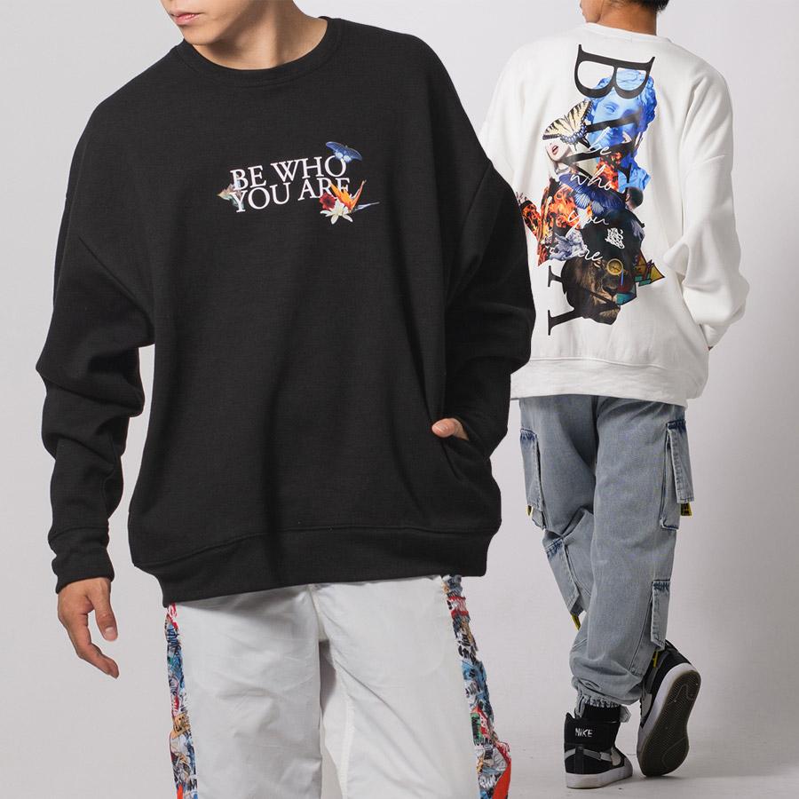 フォトコラージュワイドトレーナー メンズ ビッグシルエット オーバーサイズ ストリート系 韓国ファッション 韓国系 RE730 セブンサーティー | RE730