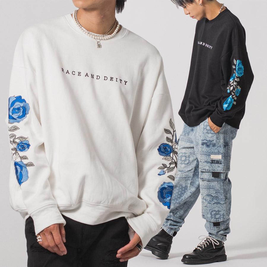 ローズ刺繍ワイドトレーナー メンズ ビッグシルエット オーバーサイズ ストリート系 韓国ファッション 韓国系 RE730 セブンサーティー | RE730