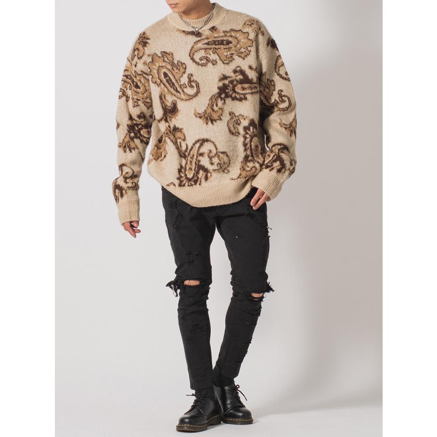 モヘアタッチ総柄クルーネックニット メンズ ビッグシルエット オーバーサイズ ストリート系 韓国ファッション 韓国系 RE730 セブンサーティー | RE730 | 24