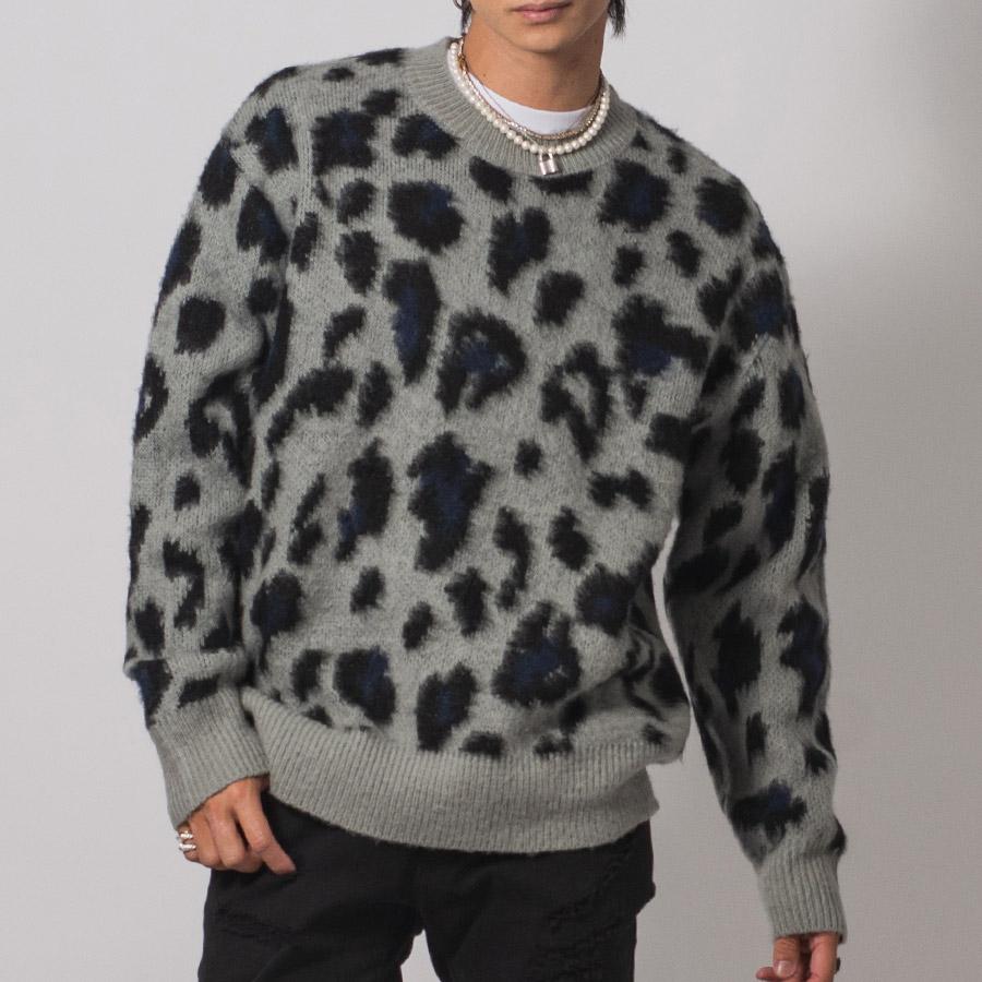 RE730 モヘアタッチ総柄クルーネックニット メンズ ビッグシルエット