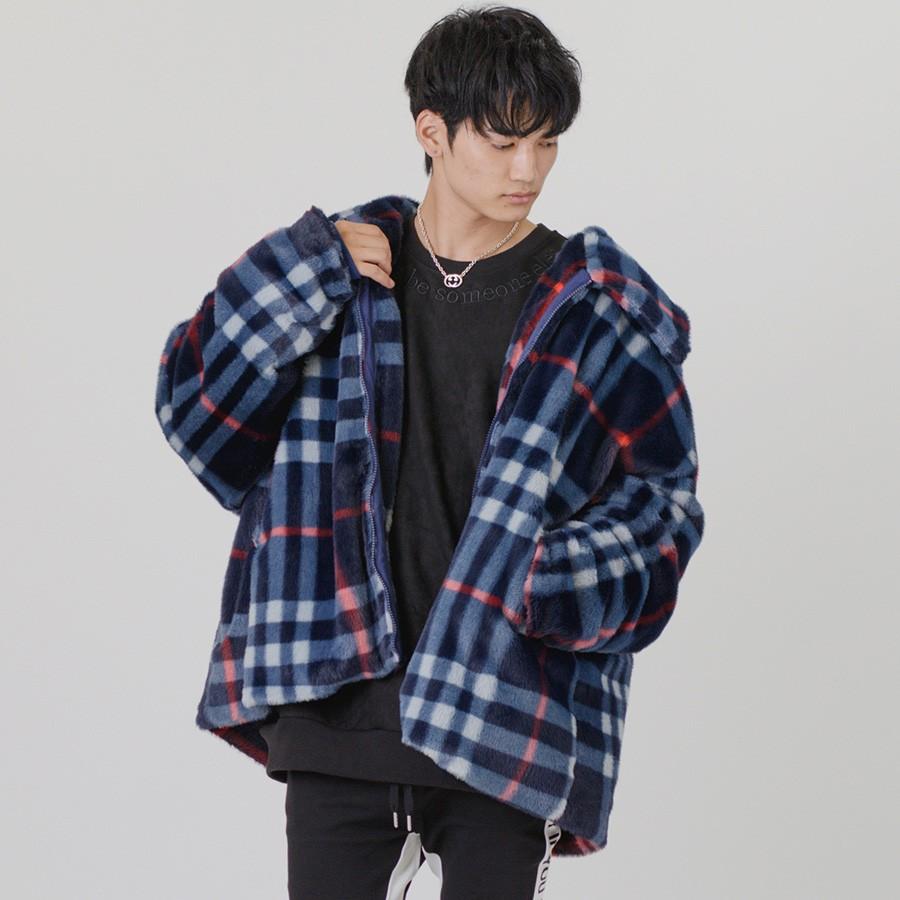 ブルゾン メンズ 冬 エコファー ビッグシルエット ブルー 青 グレー M L Xl 2l チェック オーバーサイズ レディース ストリート Re730 セブンサーティー Be メンズジャケット バッグ 鞄 のhk 通販 Yahoo ショッピング