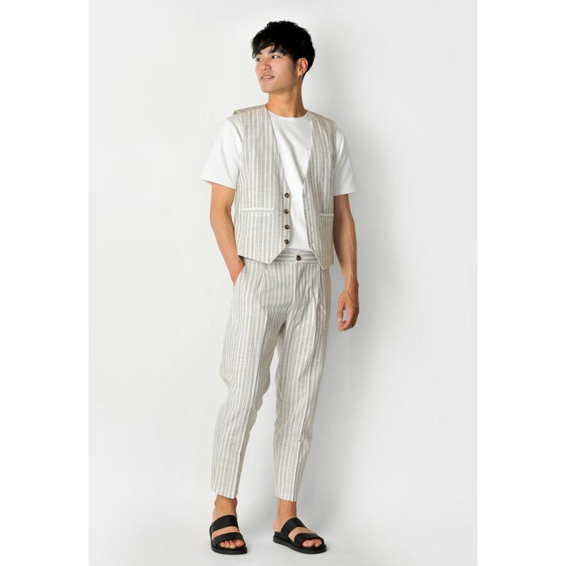 ベスト メンズ ジレ 春夏秋 綿麻 リネン 韓国系 韓国ファッション ベージュ ネイビー ストライプ 麻 M L XL LL 2L | EVOLUTION | 04