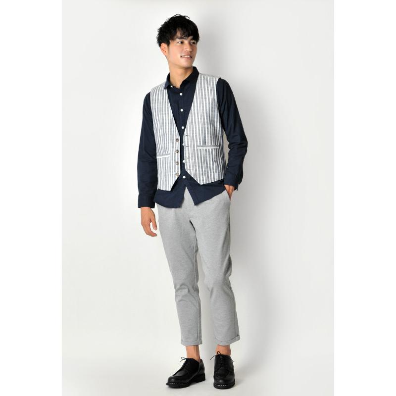 ベスト メンズ ジレ 春夏秋 綿麻 リネン 韓国系 韓国ファッション ベージュ ネイビー ストライプ 麻 M L XL LL 2L | EVOLUTION | 06