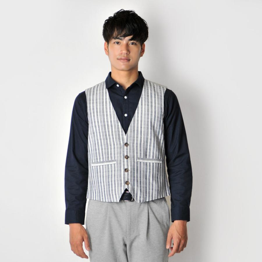 ベスト メンズ ジレ 春夏秋 綿麻 リネン 韓国系 韓国ファッション ベージュ ネイビー ストライプ 麻 M L XL LL 2L | EVOLUTION | 07