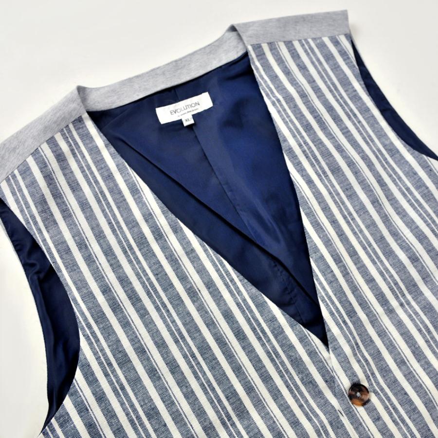 ベスト メンズ ジレ 春夏秋 綿麻 リネン 韓国系 韓国ファッション ベージュ ネイビー ストライプ 麻 M L XL LL 2L | EVOLUTION | 10