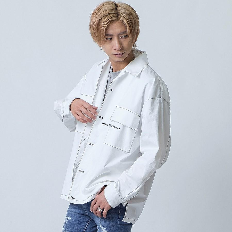 シャツ メンズ カジュアル 春 秋 オーバーシャツ プリント ポケット ワークジャケット風 ビッグシルエット 白 黒 ホワイト ブラック M L Regievo レジエボ Re メンズジャケット バッグ 鞄 のhk 通販 Yahoo ショッピング
