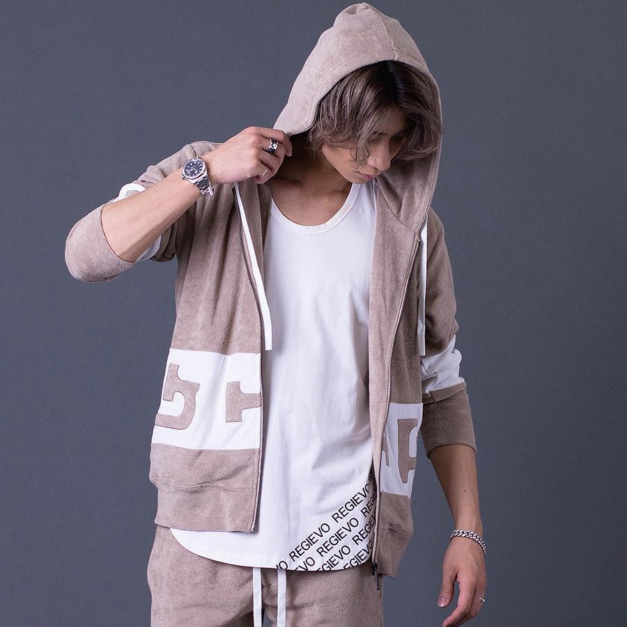 ロゴアップリケパイルパーカー ジップパーカー リラックスウェア シンプル ホワイト ベージュ ブラック 白 茶 黒 M L XL REGIEVO レジエボ | REGIEVO