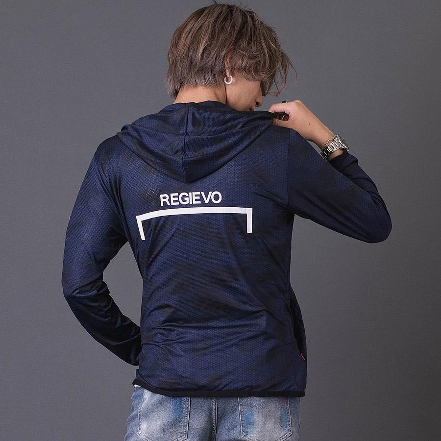 ハニカムプリントパーカー メンズ スポーティ 総柄 ワンポイント ロゴ グレー ブルー ネイビー 青 紺 M L XL REGIEVO レジエボ | REGIEVO