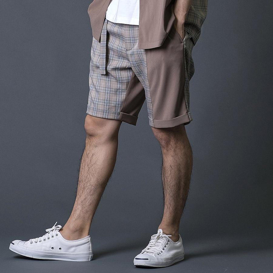 切替ショートパンツ ハーフパンツ チェック柄 モード エレガント カジュアル 春 夏 秋 ベージュ ブラック 黒 茶 お洒落 M L REGIEVO レジエボ | REGIEVO