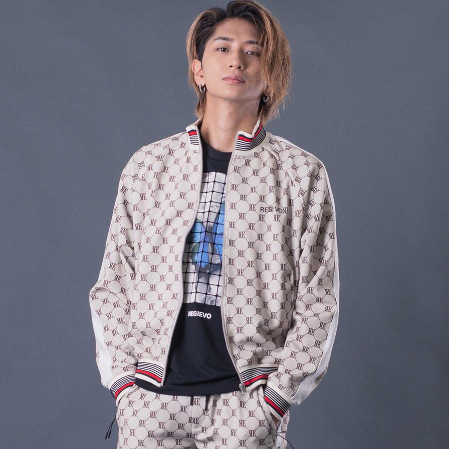 モノグラムトラックジャケット メンズ アウター ブルゾン 総柄 ストレッチ ベージュ パープル ブラック 茶 紫 黒 M L XL REGIEVO レジエボ | REGIEVO
