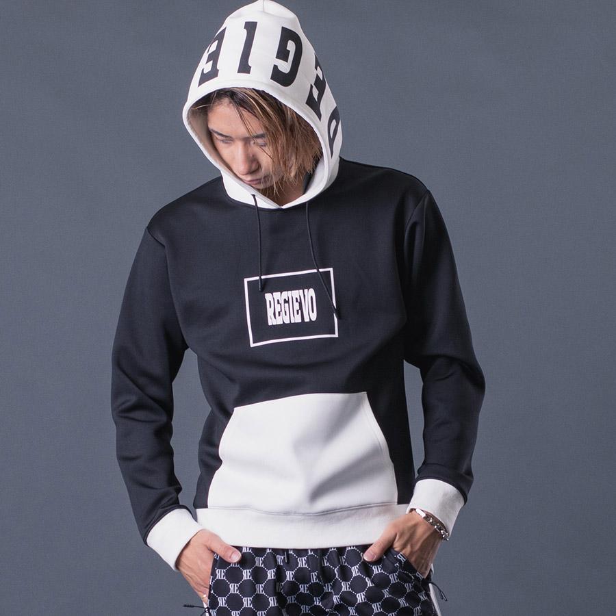 配色プルパーカー メンズ バイカラー 春 秋 冬 ストレッチ ブラック レッド ホワイト ネイビー 黒 赤 紺 白 M L XL REGIEVO レジエボ | REGIEVO