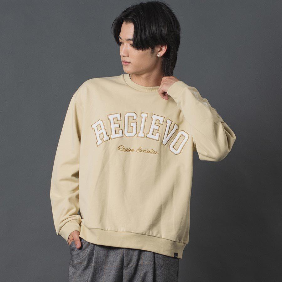 アップリケロゴトレーナー メンズ スウェット レトロ オーバーサイズ シンプル ヴィンテージ 春 秋 冬 ベージュ グレー ブラック 茶 黒 M L XL REGIEVO レジエボ | REGIEVO