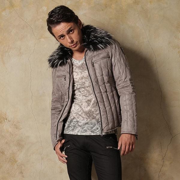 ダウンジャケット メンズ  フェイクレザー グレー ネイビー ブラック 紺 黒 S M L XL 2L LL REGIEVO レジエボ hk エイチケー 55506 | REGIEVO