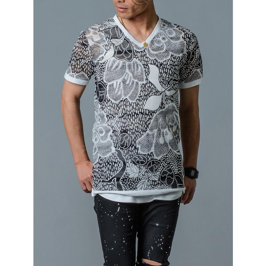Tシャツ メンズ 半袖 タンクトップ 2点セット アンサンブル メッシュ 総柄 白 赤 ホワイト レッド S M L XL REGIEVO | REGIEVO | 03