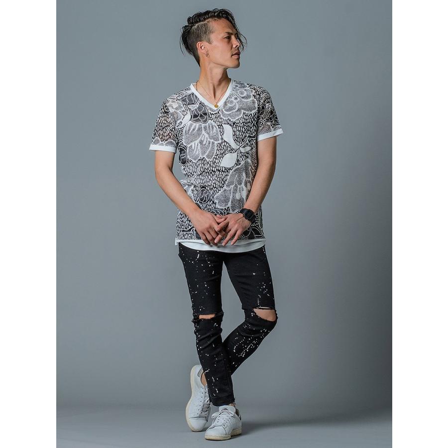 Tシャツ メンズ 半袖 タンクトップ 2点セット アンサンブル メッシュ 総柄 白 赤 ホワイト レッド S M L XL REGIEVO | REGIEVO | 04
