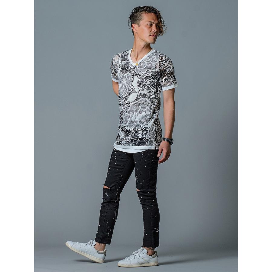 Tシャツ メンズ 半袖 タンクトップ 2点セット アンサンブル メッシュ 総柄 白 赤 ホワイト レッド S M L XL REGIEVO | REGIEVO | 05