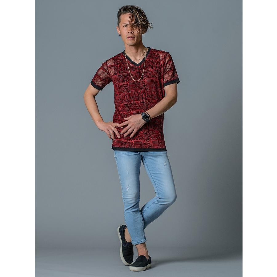 Tシャツ メンズ 半袖 タンクトップ 2点セット アンサンブル メッシュ 総柄 白 赤 ホワイト レッド S M L XL REGIEVO | REGIEVO | 07