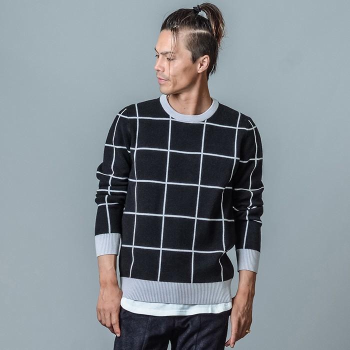 ニット メンズ 秋 セーター ウィンドウペン チェック ホワイト グレー ブラック 白 黒 S M L Xl Ll 2l クルーネック ジャガード Regievo レジエボ Re メンズジャケット バッグ 鞄 のhk 通販 Yahoo ショッピング