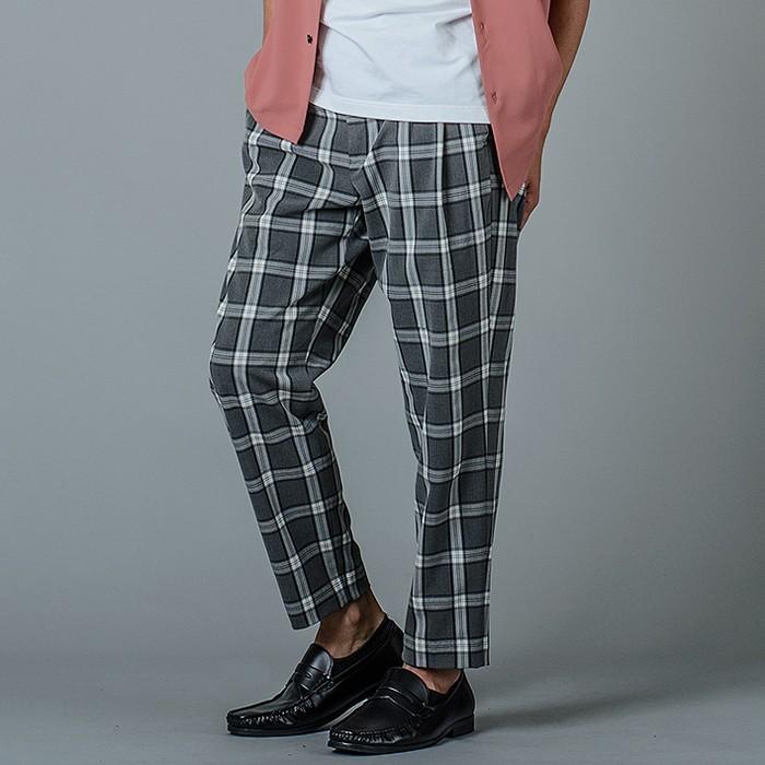 スラックス メンズ テーパード ワイド 春夏 秋冬 黒 グレー ブラック 29 30 31 S M L チェック 9分丈 アンクルパンツ ツータック シャーリング REGIEVO 95104 | REGIEVO