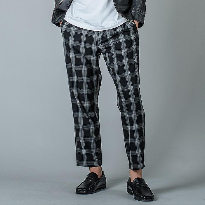 スラックス メンズ テーパード ワイド 春夏 秋冬 黒 グレー ブラック 29 30 31 S M L チェック 9分丈 アンクルパンツ ツータック シャーリング REGIEVO 95104 | REGIEVO | 05