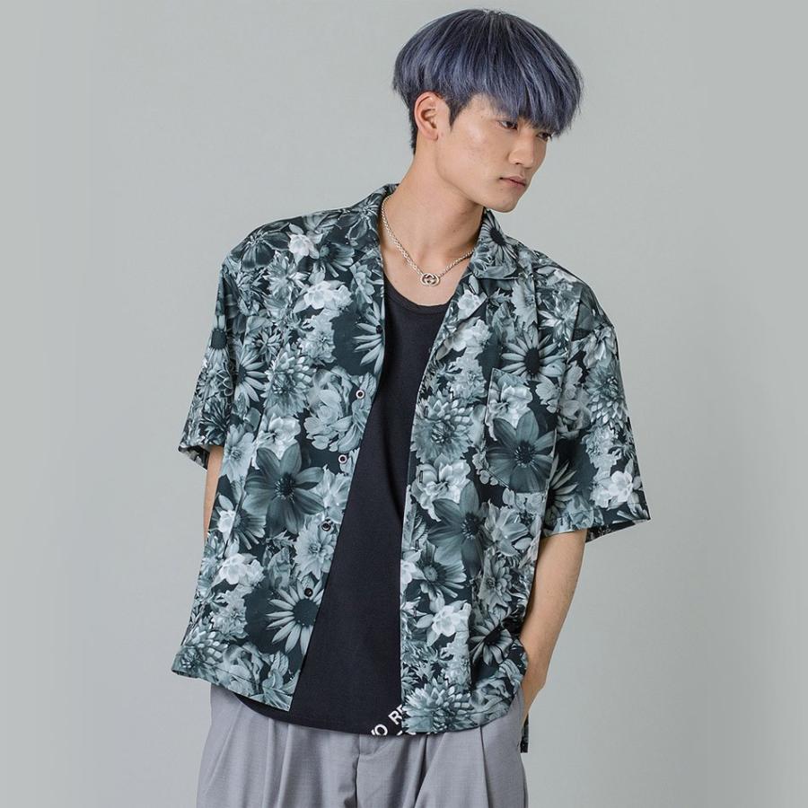 シャツ メンズ カジュアル 半袖 開襟 オープンカラー 花柄 総柄 プリント 派手 カラフル モノクロ S M L 白黒 ビッグシルエット REGIEVO レジエボ | REGIEVO | 03