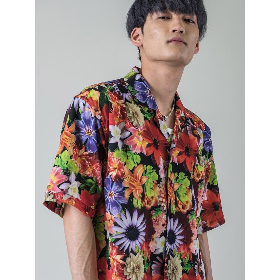 シャツ メンズ カジュアル 半袖 開襟 オープンカラー 花柄 総柄 プリント 派手 カラフル モノクロ S M L 白黒 ビッグシルエット REGIEVO レジエボ | REGIEVO | 15
