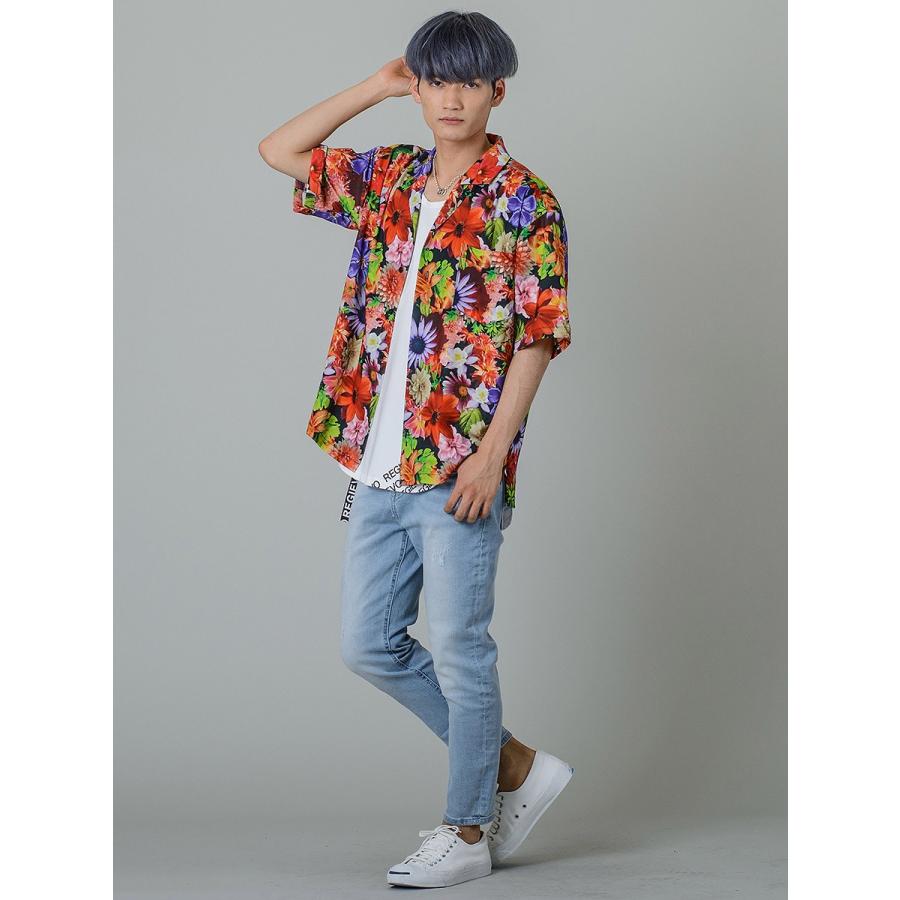 シャツ メンズ カジュアル 半袖 開襟 オープンカラー 花柄 総柄 プリント 派手 カラフル モノクロ S M L 白黒 ビッグシルエット REGIEVO レジエボ | REGIEVO | 06