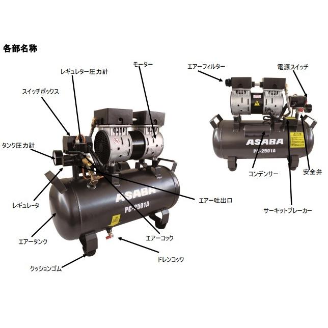 麻場 エアコンプレッサー 100v オイルレス 静音 25L エアー 
