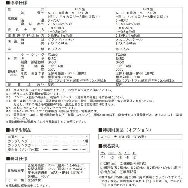 エバラポンプ ギヤポンプ GPF型 25GPF52.2B/25GPF62.2B 200V モーター