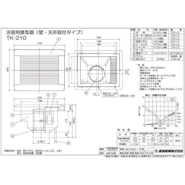 高須 浴室用 換気扇 浴室換気扇 TK-210 150mm×200mm シロッコファン