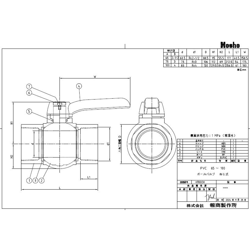 報商 PVC ボールバルブ 65A ネジ式 65mm 樹脂製 ボール弁 グローブ