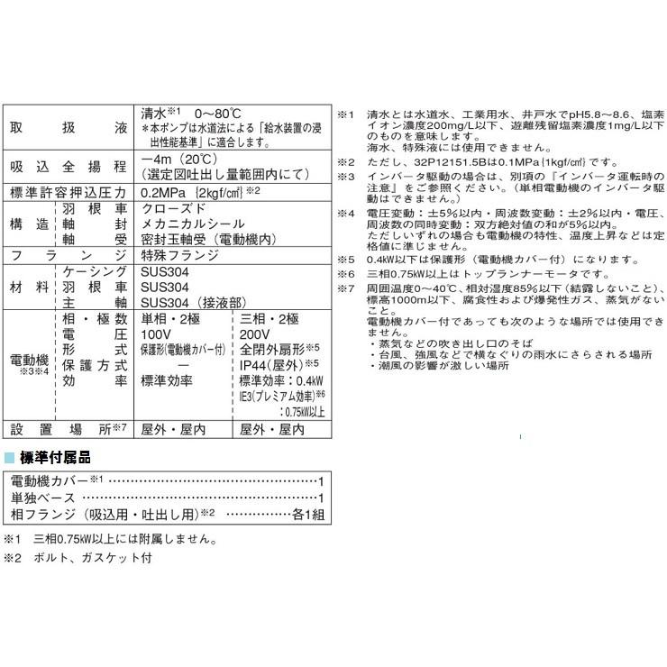 エバラ 多段 渦巻ポンプ ステンレス製 32P1215.4S 0.4kw 50HZ 100V