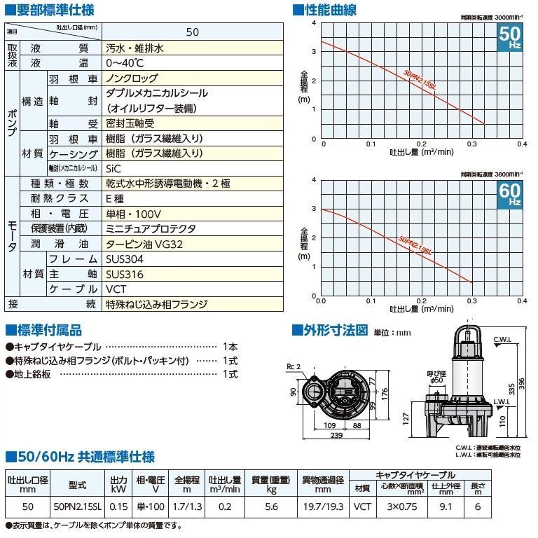 ツルミポンプ 水中ポンプ 小型 100V 150W 50mm 50PN2.15SL 2インチ 大