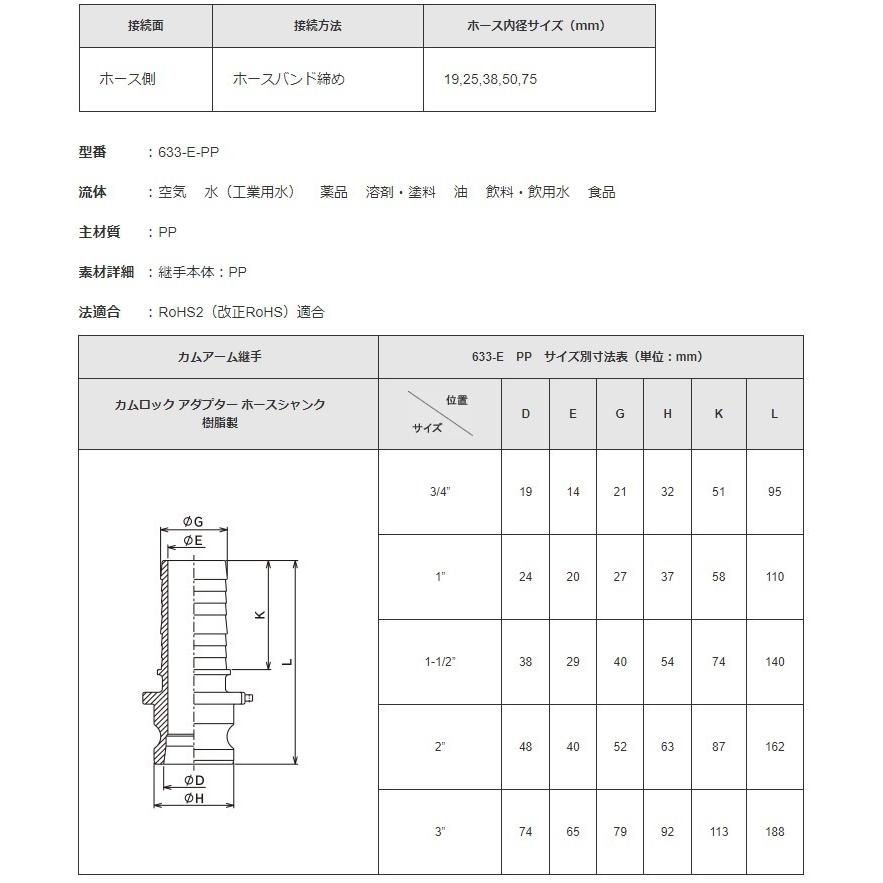 トヨックス カムロックアダプター ホースシャンク 633-E-PP 2(50mm) 樹脂製 カムロックカプラー カムロック継手｜ssnet｜02