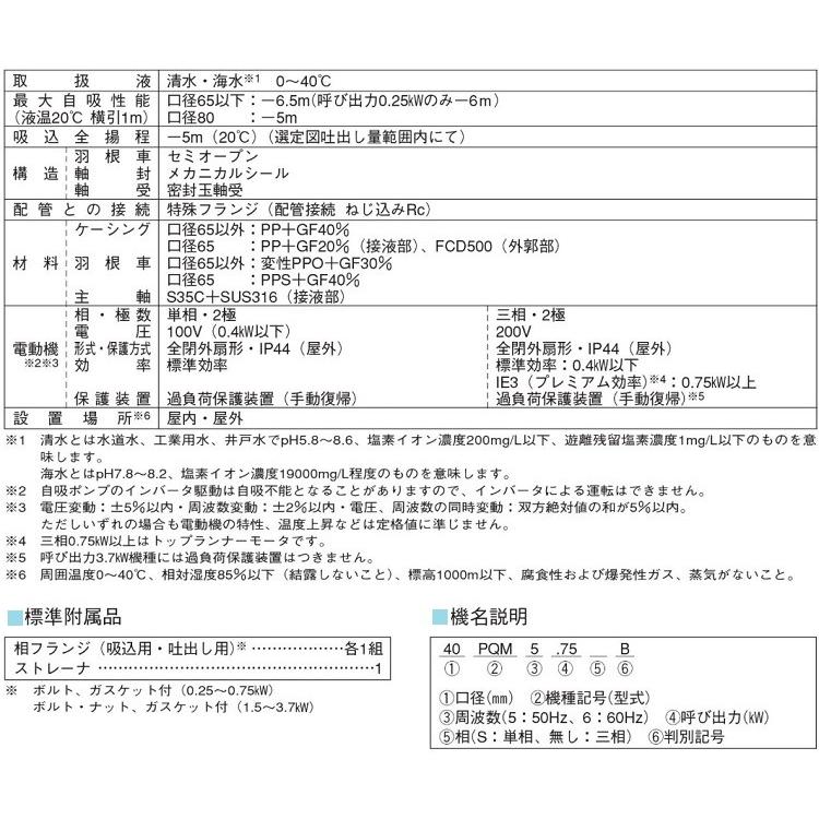 エバラポンプ 給水ポンプ 自吸式 50PQM51.5B/50PQM61.5B 200V 自吸ポンプ 循環ポンプ 海水用 養殖業_1