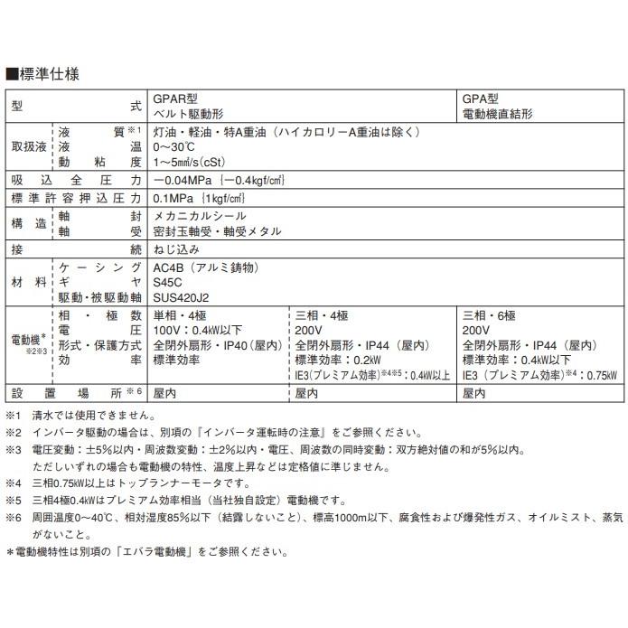 エバラポンプ 灯油ギヤポンプ GPA型 20GPA5.4A/20GPA6.4A 200V