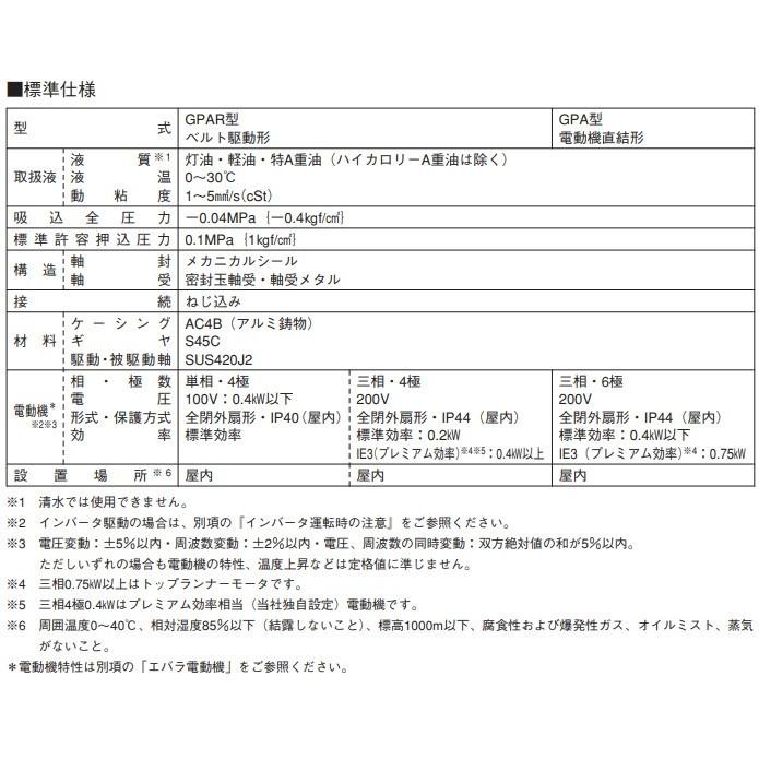 エバラポンプ 灯油ギヤポンプ GPAR型 15GPAR5.2/15GPAR6.2 200V モーター無し ギヤーポンプ｜ssnet｜02