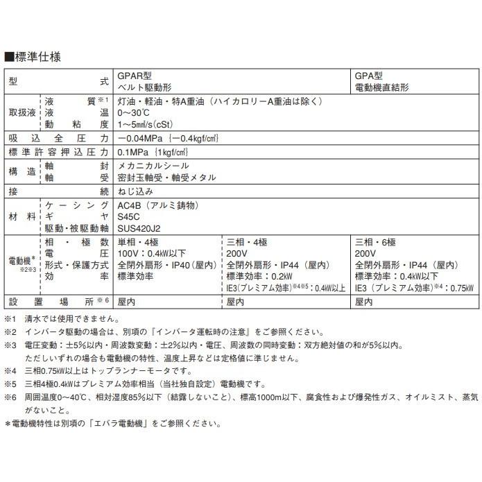 エバラポンプ 灯油ギヤポンプ GPAR型 20GPAR5.4/20GPAR6.4 200V