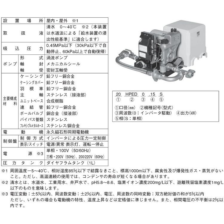エバラ 給水加圧ポンプ 20HPED0.25S 250W/100V 荏原 給水 家庭用 給水