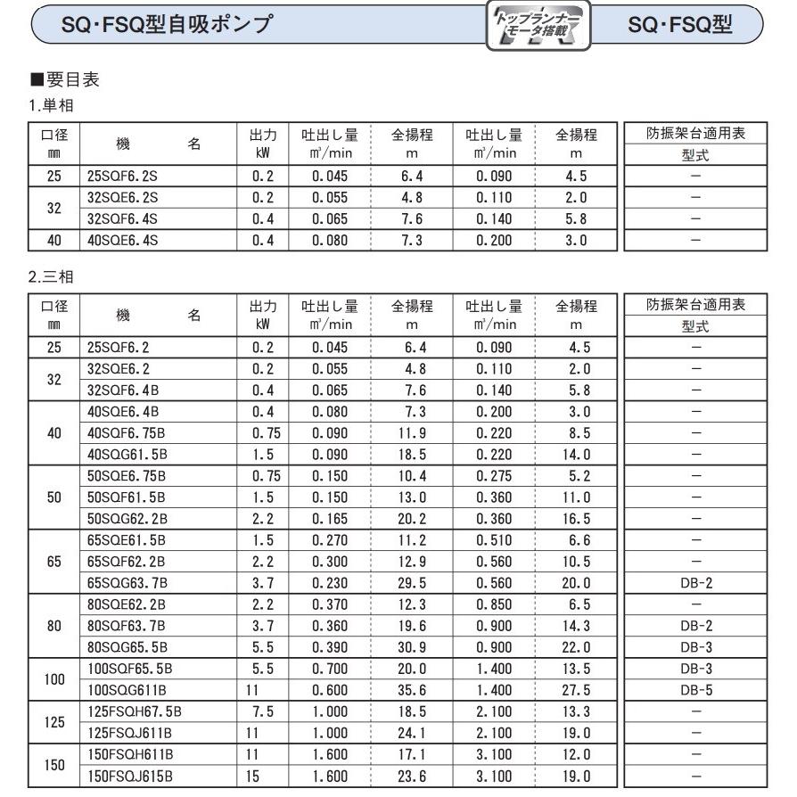 エバラポンプ 渦巻ポンプ 自吸式ポンプ SQ型 100SQF65.5B 60HZ/200V モーター付 循環ポンプ 給水ポンプ 揚水_2
